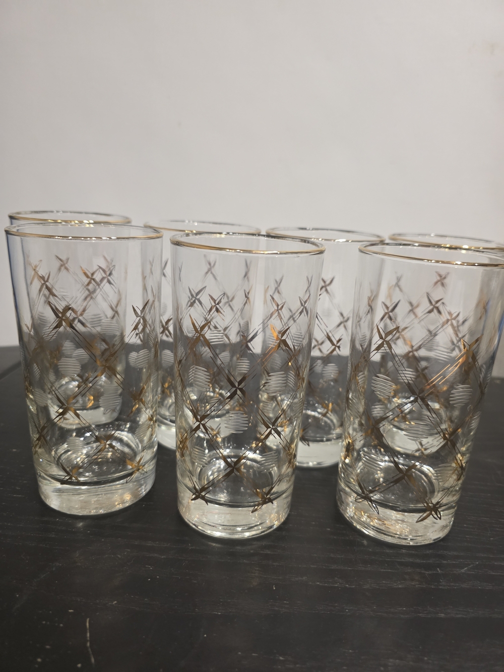 Set of 7 MCM Highball Glasses, 22 Karat Gold, Etched Starburst, 1950-1960